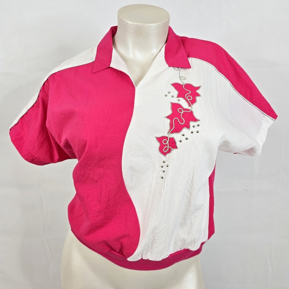 VTG G.W. Division Of Graff 80's Colorblock Leaf Short Sleeve Polyester Top Sz L